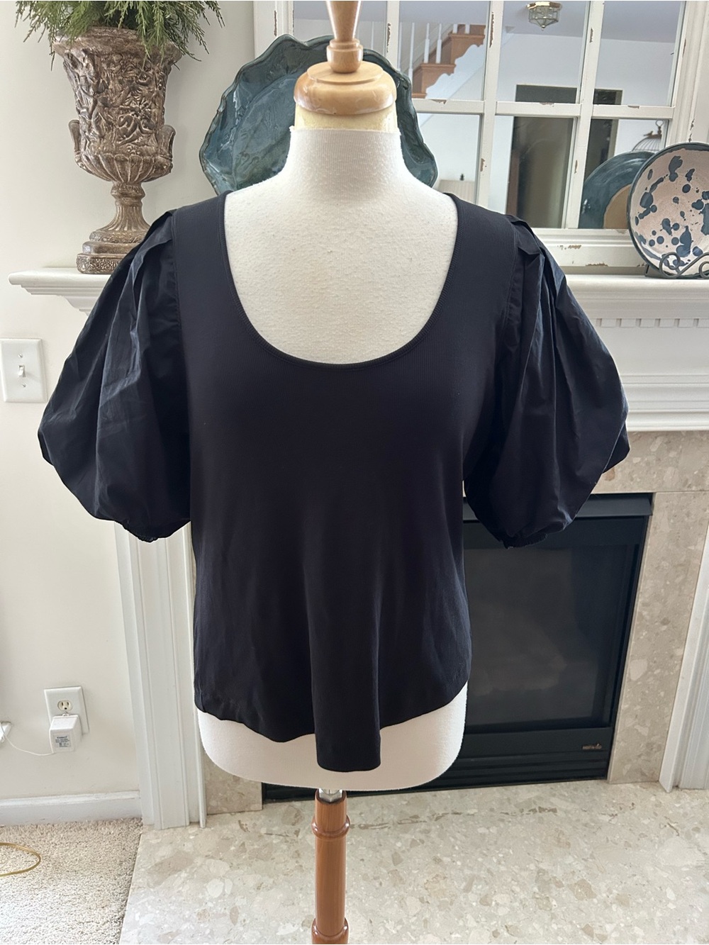 Marie Oliver Black Puff-Sleeve Scoop Neck Top